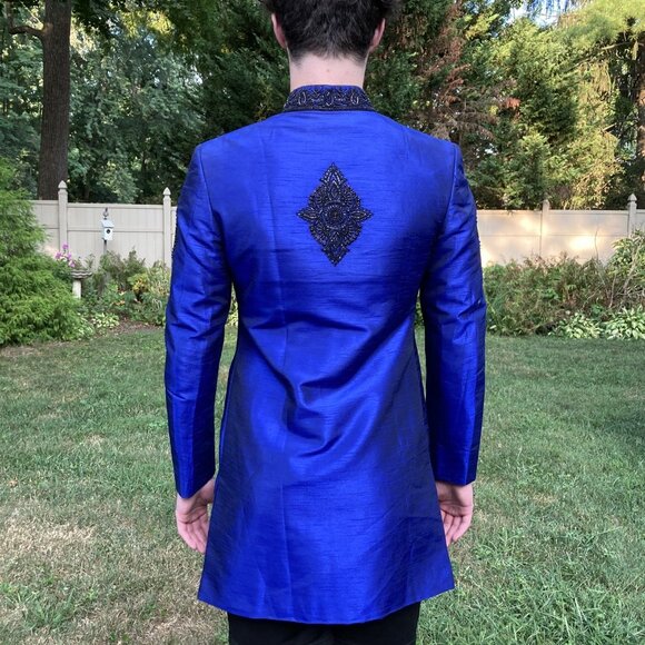 Custom Royal Blue Jacket Style Achkan / Sherwani, Hand Beaded Accents, Like New - Picture 4 of 15